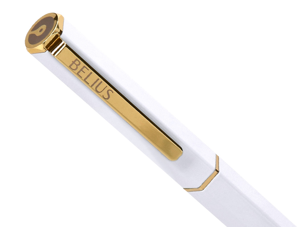 BOLIGRAFO BELIUS MACARON BLISS FORMA HEXAGONAL COLOR BLANCO Y DORADO TINTA AZUL CAJA DE DISEÑO
