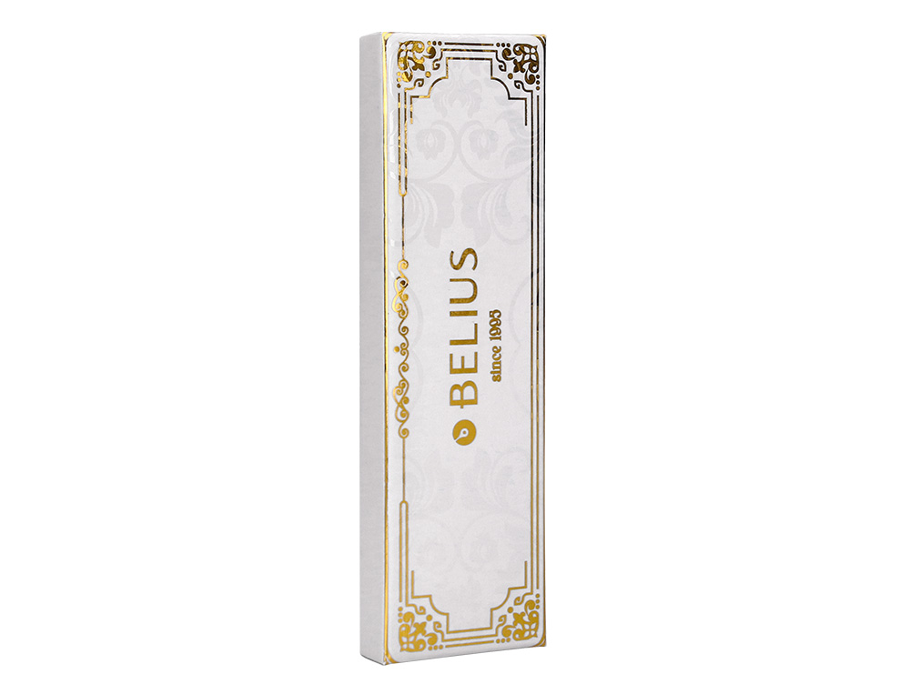 BOLIGRAFO BELIUS MACARON BLISS FORMA HEXAGONAL COLOR BLANCO Y DORADO TINTA AZUL CAJA DE DISEÑO