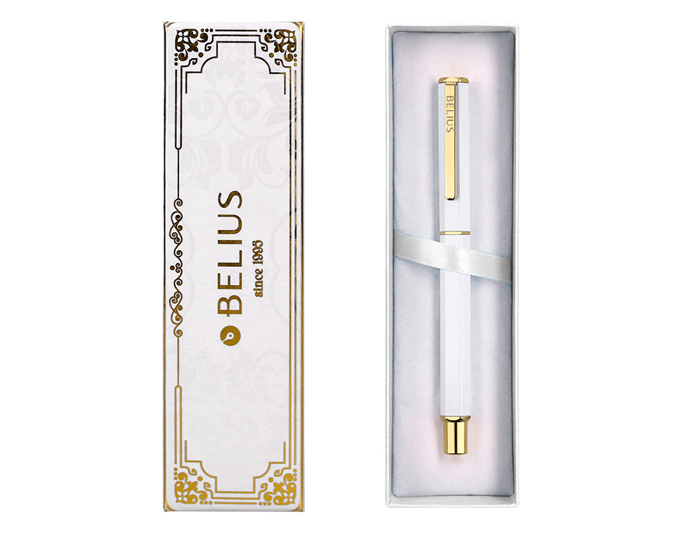 BOLIGRAFO BELIUS MACARON BLISS FORMA HEXAGONAL COLOR BLANCO Y DORADO TINTA AZUL CAJA DE DISEÑO