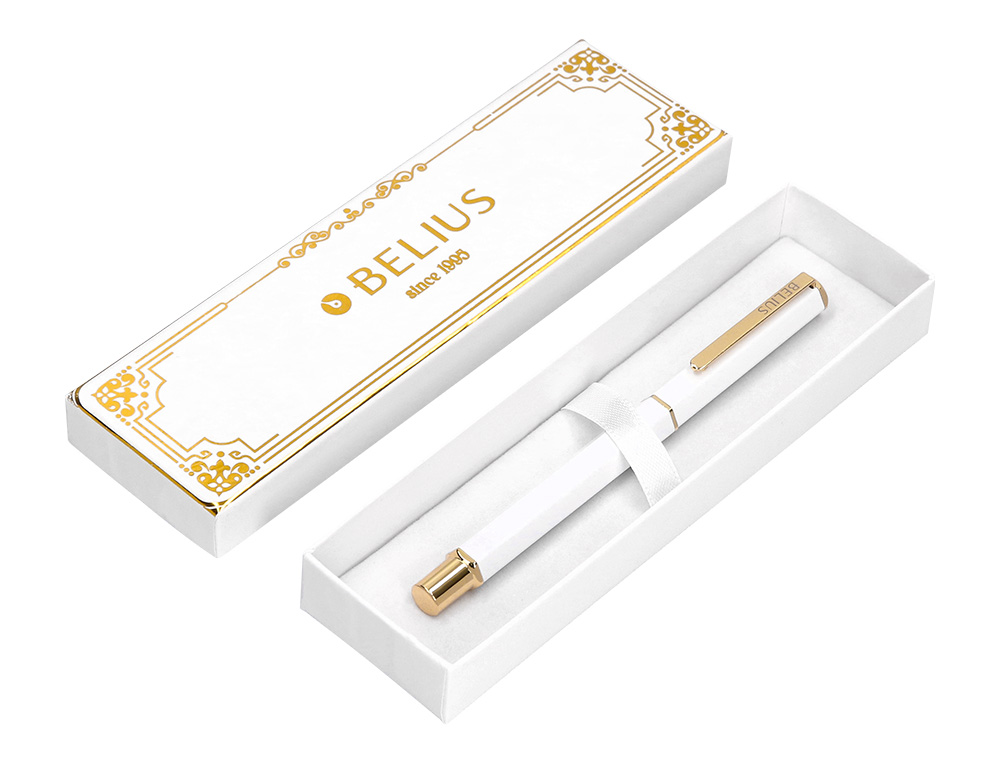 BOLIGRAFO BELIUS MACARON BLISS FORMA HEXAGONAL COLOR BLANCO Y DORADO TINTA AZUL CAJA DE DISEÑO