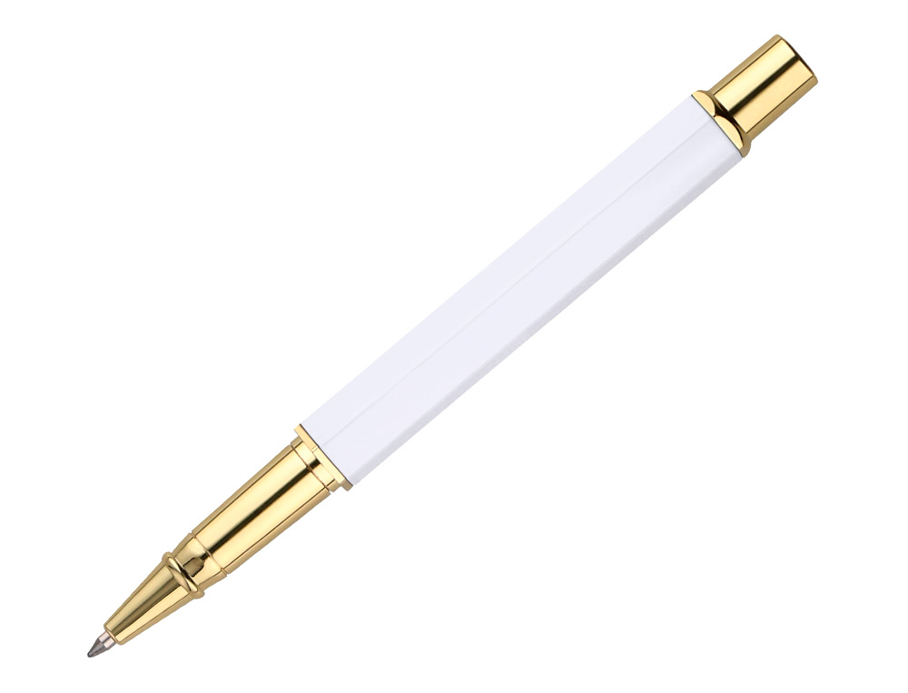 BOLIGRAFO BELIUS MACARON BLISS FORMA HEXAGONAL COLOR BLANCO Y DORADO TINTA AZUL CAJA DE DISEÑO