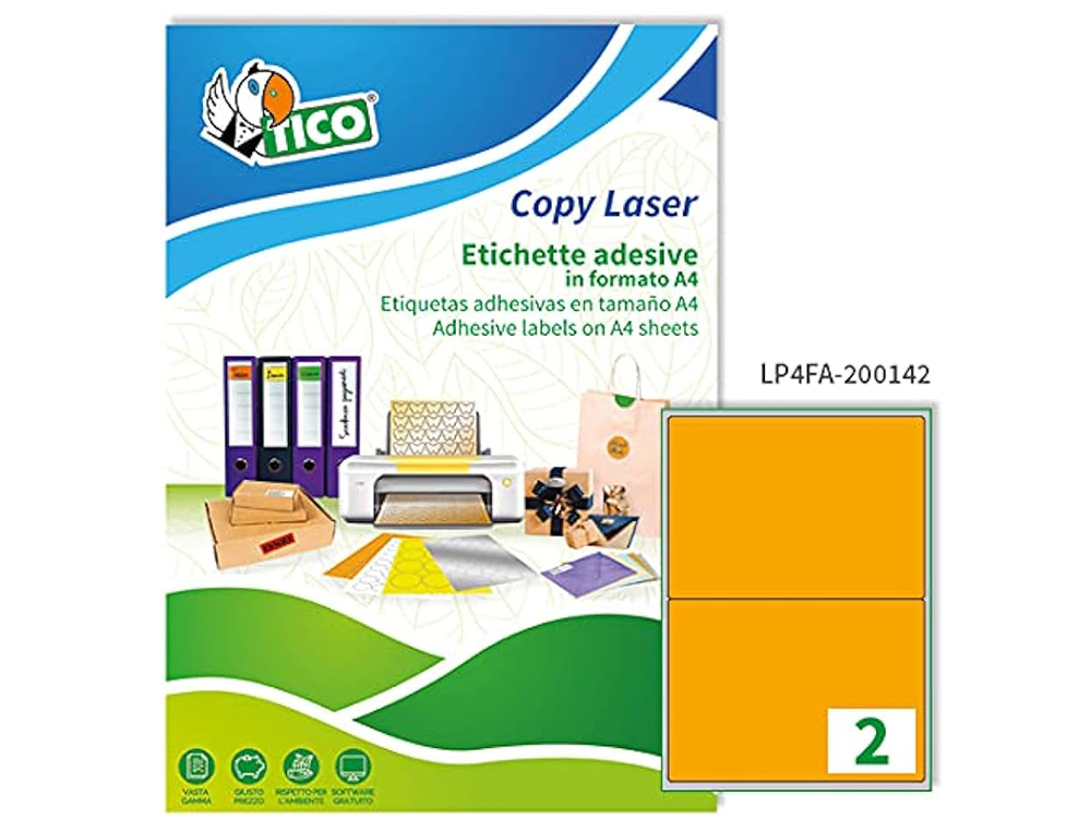 ETIQUETA ADHESIVA TICO NARANJA FLUORESCENTES PERMANENTE FSCLASER/INKJET/FOTOCOPIA 200X142MM CAJA DE 140 UNIDADES
