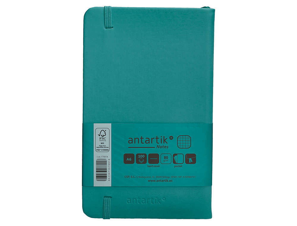 CUADERNO CON GOMILLA ANTARTIK NOTES TAPA DURA A6 HOJAS CUADRICULA VERDE AGUAMARINA 100 HOJAS 80 GR