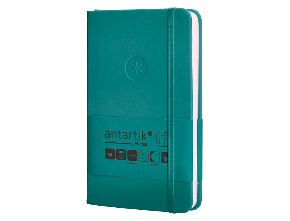 CUADERNO CON GOMILLA ANTARTIK NOTES TAPA DURA A6 HOJAS CUADRICULA VERDE AGUAMARINA 100 HOJAS 80 GR