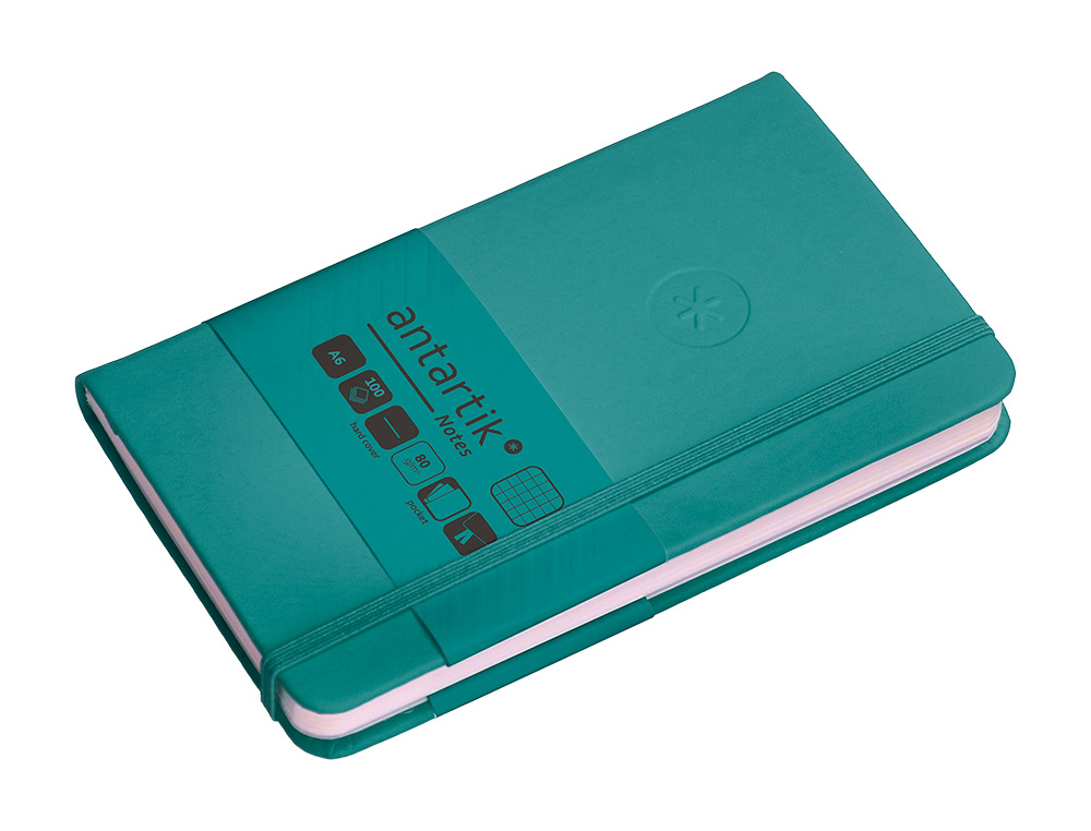 CUADERNO CON GOMILLA ANTARTIK NOTES TAPA DURA A6 HOJAS CUADRICULA VERDE AGUAMARINA 100 HOJAS 80 GR