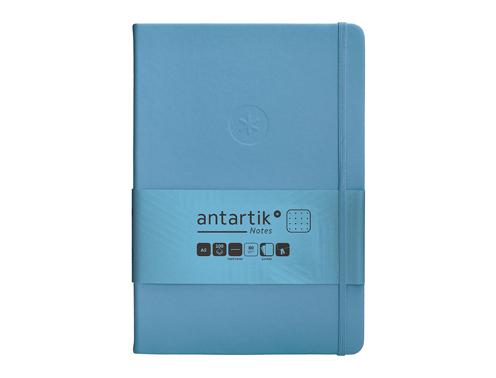 CUADERNO CON GOMILLA ANTARTIK NOTES TAPA DURA A5 HOJAS PUNTOS AZUL CLARO 100 HOJAS 80 GR FSC