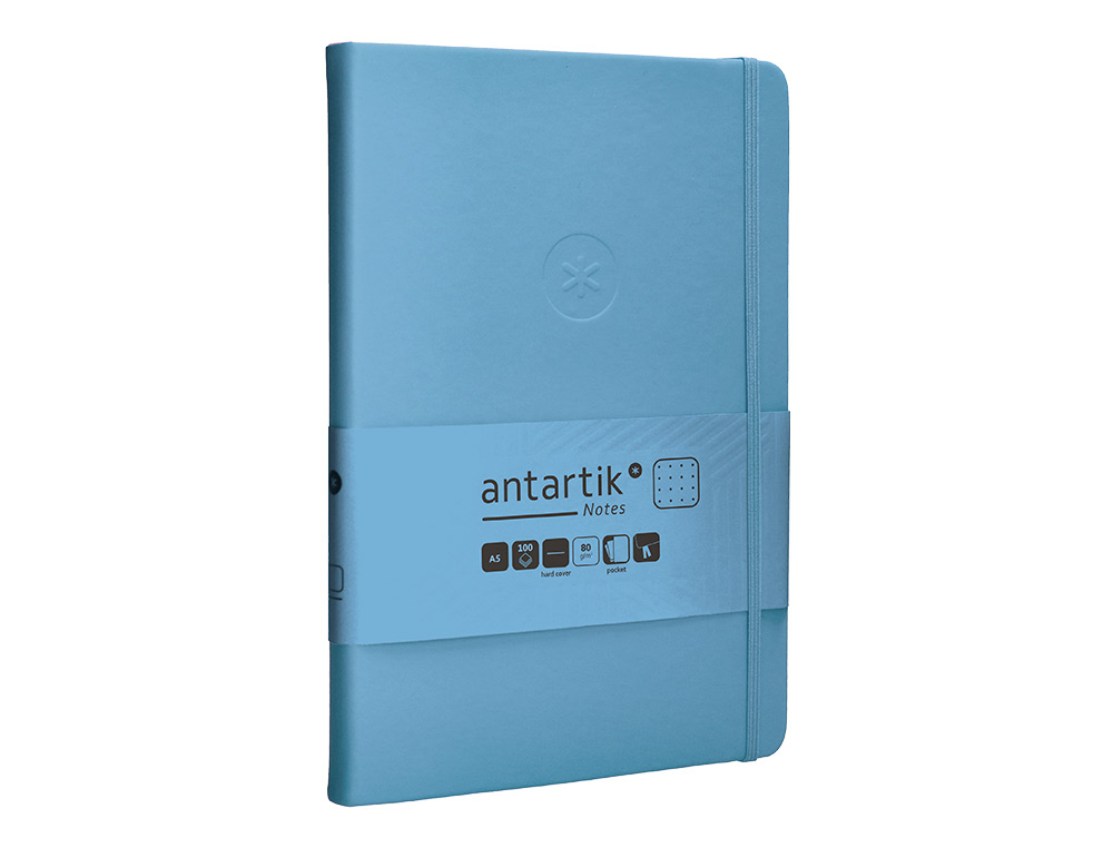 CUADERNO CON GOMILLA ANTARTIK NOTES TAPA DURA A5 HOJAS PUNTOS AZUL CLARO 100 HOJAS 80 GR FSC