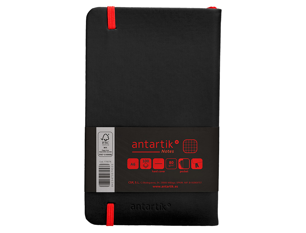 CUADERNO CON GOMILLA ANTARTIK NOTES TAPA DURA A6 HOJAS CUADRICULA NEGRO Y ROJO 100 HOJAS 80 GR FSC