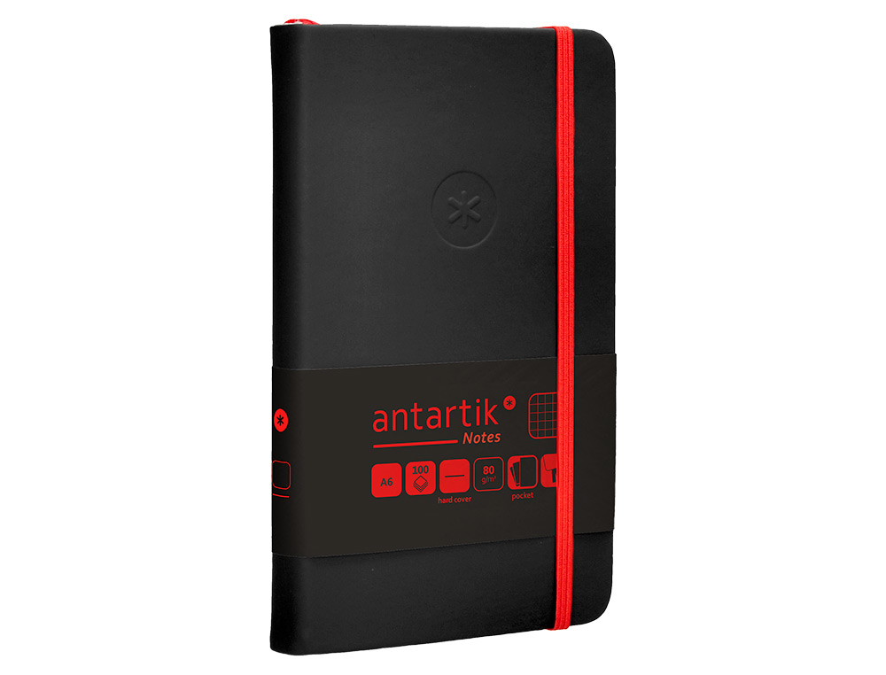CUADERNO CON GOMILLA ANTARTIK NOTES TAPA DURA A6 HOJAS CUADRICULA NEGRO Y ROJO 100 HOJAS 80 GR FSC
