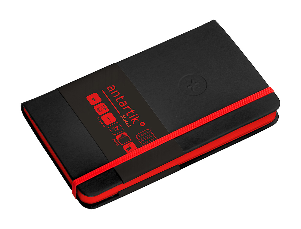 CUADERNO CON GOMILLA ANTARTIK NOTES TAPA DURA A6 HOJAS CUADRICULA NEGRO Y ROJO 100 HOJAS 80 GR FSC