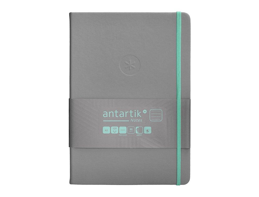 CUADERNO CON GOMILLA ANTARTIK NOTES TAPA DURA A5 HOJAS RAYAS GRIS Y TURQUESA 100 HOJAS 80 GR FSC