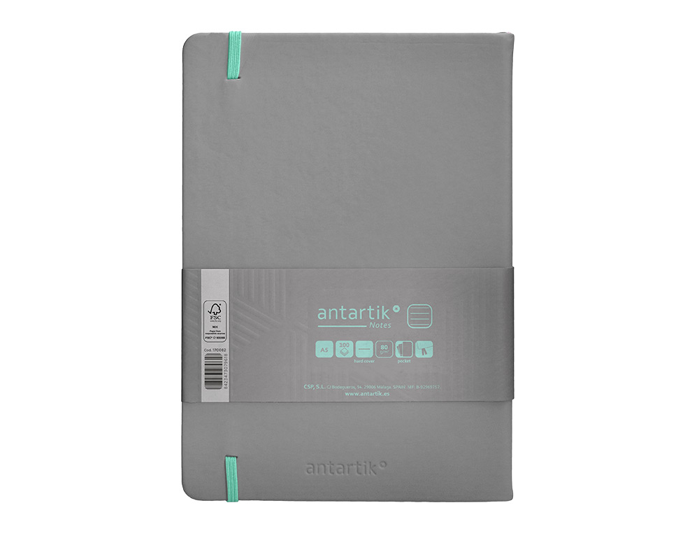 CUADERNO CON GOMILLA ANTARTIK NOTES TAPA DURA A5 HOJAS RAYAS GRIS Y TURQUESA 100 HOJAS 80 GR FSC
