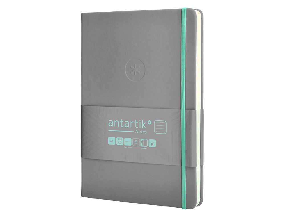 CUADERNO CON GOMILLA ANTARTIK NOTES TAPA DURA A5 HOJAS RAYAS GRIS Y TURQUESA 100 HOJAS 80 GR FSC