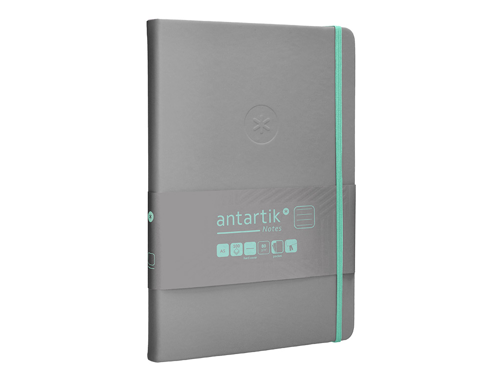 CUADERNO CON GOMILLA ANTARTIK NOTES TAPA DURA A5 HOJAS RAYAS GRIS Y TURQUESA 100 HOJAS 80 GR FSC