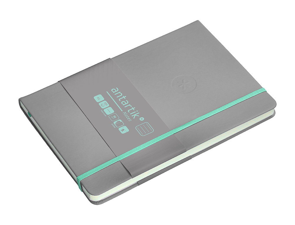 CUADERNO CON GOMILLA ANTARTIK NOTES TAPA DURA A5 HOJAS RAYAS GRIS Y TURQUESA 100 HOJAS 80 GR FSC