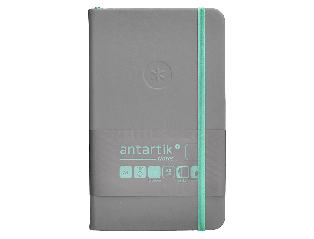CUADERNO CON GOMILLA ANTARTIK NOTES TAPA DURA A6 HOJAS LISAS GRIS Y TURQUESA 100 HOJAS 80 GR FSC