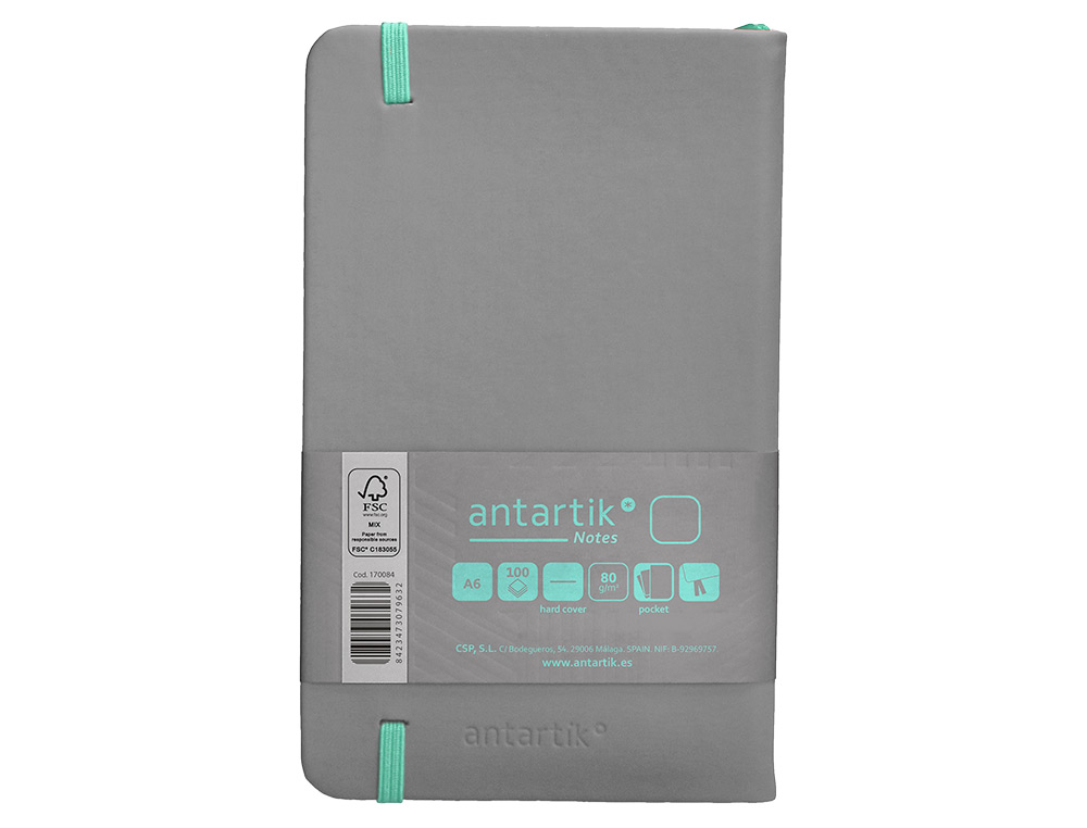 CUADERNO CON GOMILLA ANTARTIK NOTES TAPA DURA A6 HOJAS LISAS GRIS Y TURQUESA 100 HOJAS 80 GR FSC
