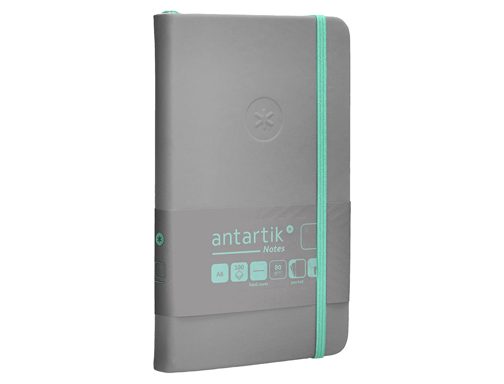 CUADERNO CON GOMILLA ANTARTIK NOTES TAPA DURA A6 HOJAS LISAS GRIS Y TURQUESA 100 HOJAS 80 GR FSC