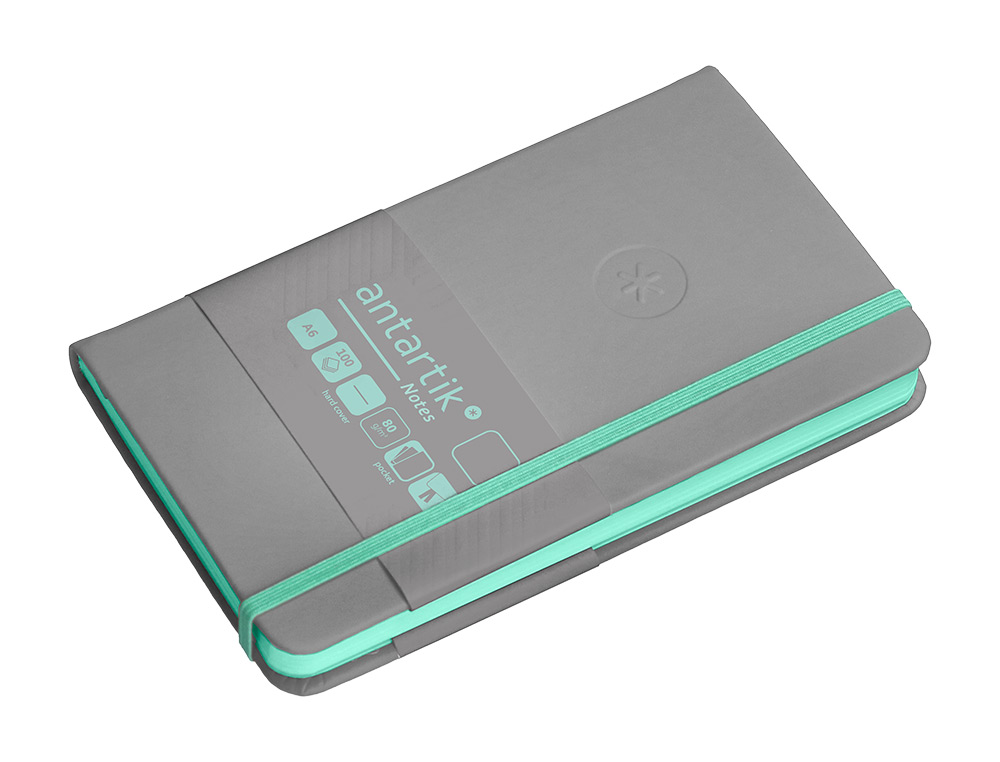 CUADERNO CON GOMILLA ANTARTIK NOTES TAPA DURA A6 HOJAS LISAS GRIS Y TURQUESA 100 HOJAS 80 GR FSC