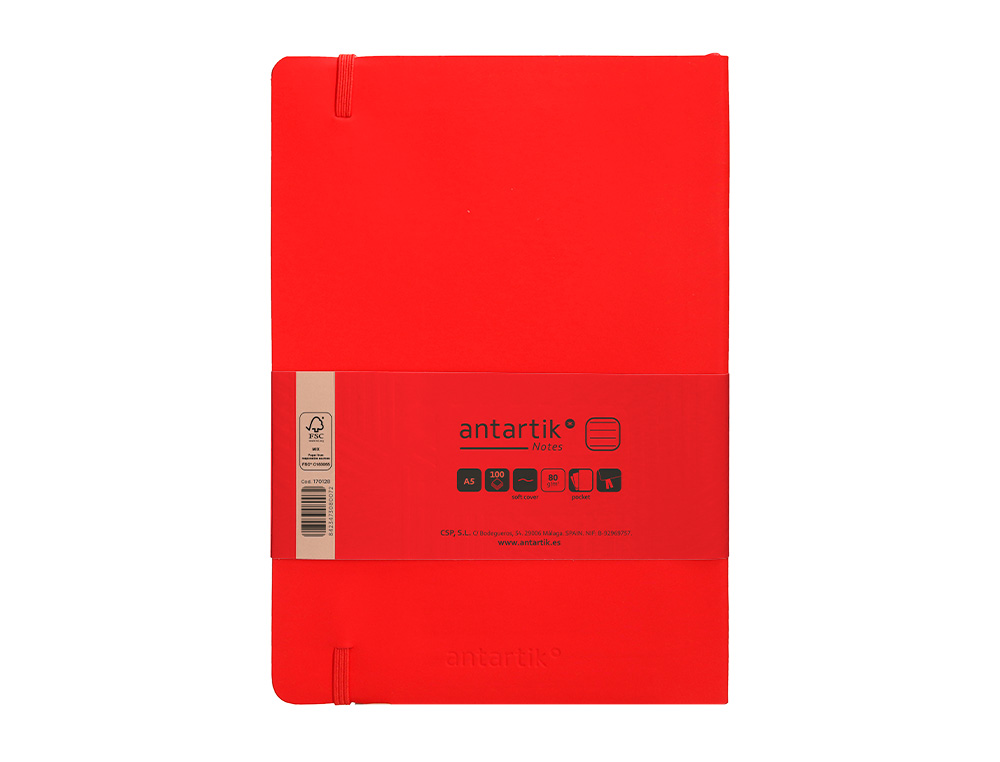 CUADERNO CON GOMILLA ANTARTIK NOTES TAPA BLANDA A5 HOJAS RAYAS ROJO 80 HOJAS 80 GR FSC