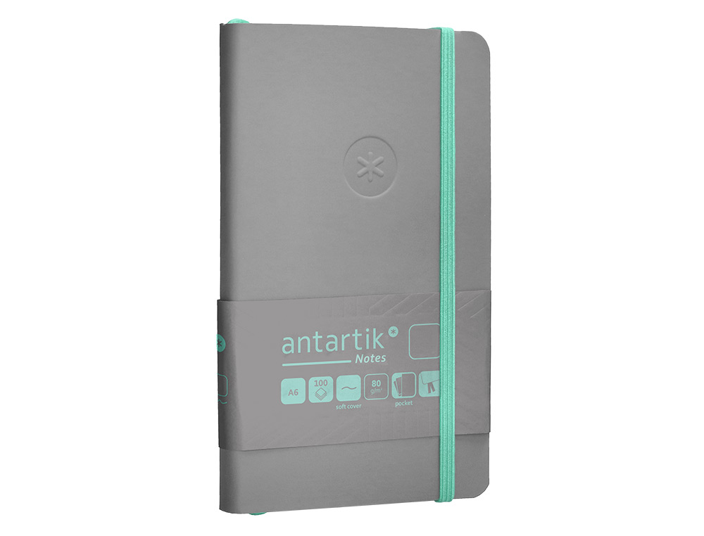 CUADERNO CON GOMILLA ANTARTIK NOTES TAPA BLANDA A6 HOJAS LISAS GRIS Y TURQUESA 100 HOJAS 80 GR FSC