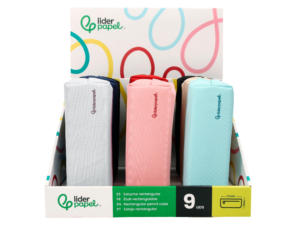 ESTUCHE PORTATODO LIDERPAPEL CLASSIC RECTANGULAR CON ASA 210X70 MM EXPOSITOR DE 9 UNIDADES COLORES SURTIDOS