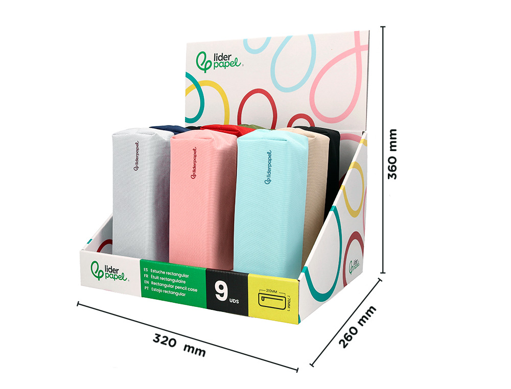 ESTUCHE PORTATODO LIDERPAPEL CLASSIC RECTANGULAR CON ASA 210X70 MM EXPOSITOR DE 9 UNIDADES COLORES SURTIDOS