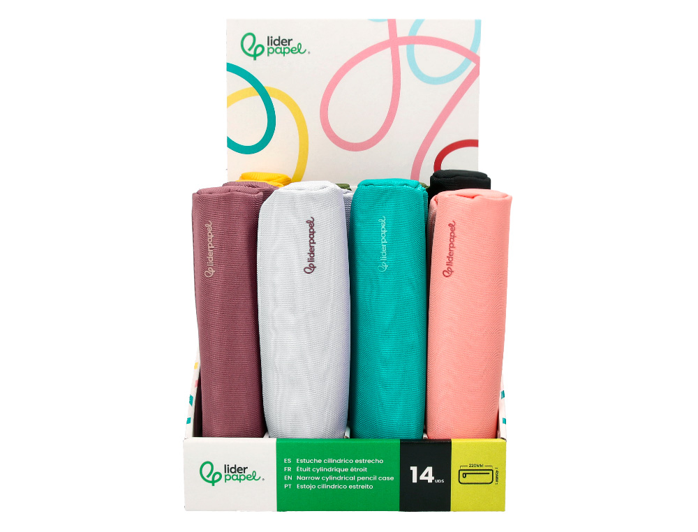 ESTUCHE PORTATODO LIDERPAPEL SLIM CILINDRICO 220X45 MM EXPOSITOR DE 14 UNIDADES COLORES SURTIDOS