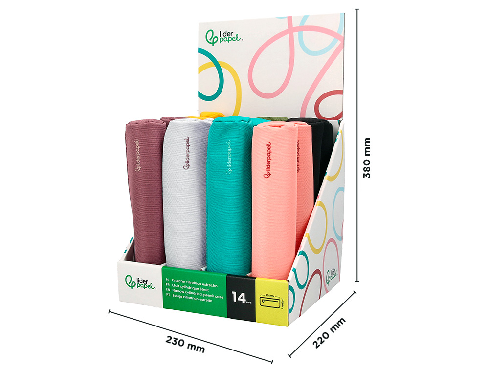ESTUCHE PORTATODO LIDERPAPEL SLIM CILINDRICO 220X45 MM EXPOSITOR DE 14 UNIDADES COLORES SURTIDOS