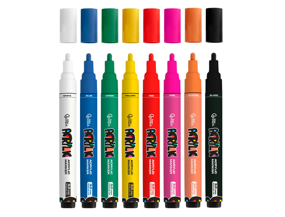 ROTULADOR LIDERPAPEL ACRYLIC BASE AGUA TODO TIPO DE SUPERFICIE PUNTA REDONDA 3MM CAJA DE 8 UNIDADES COLORES INTENSOS