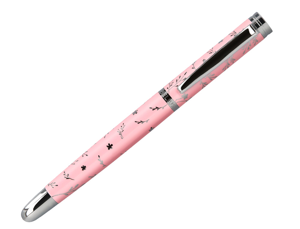 ROLLER BELIUS BELLA ALUMINIO COLOR ROSA DISEÑO PLATEADO RELIEVE TINTA COLOR NEGRO CAJA DE DISEÑO