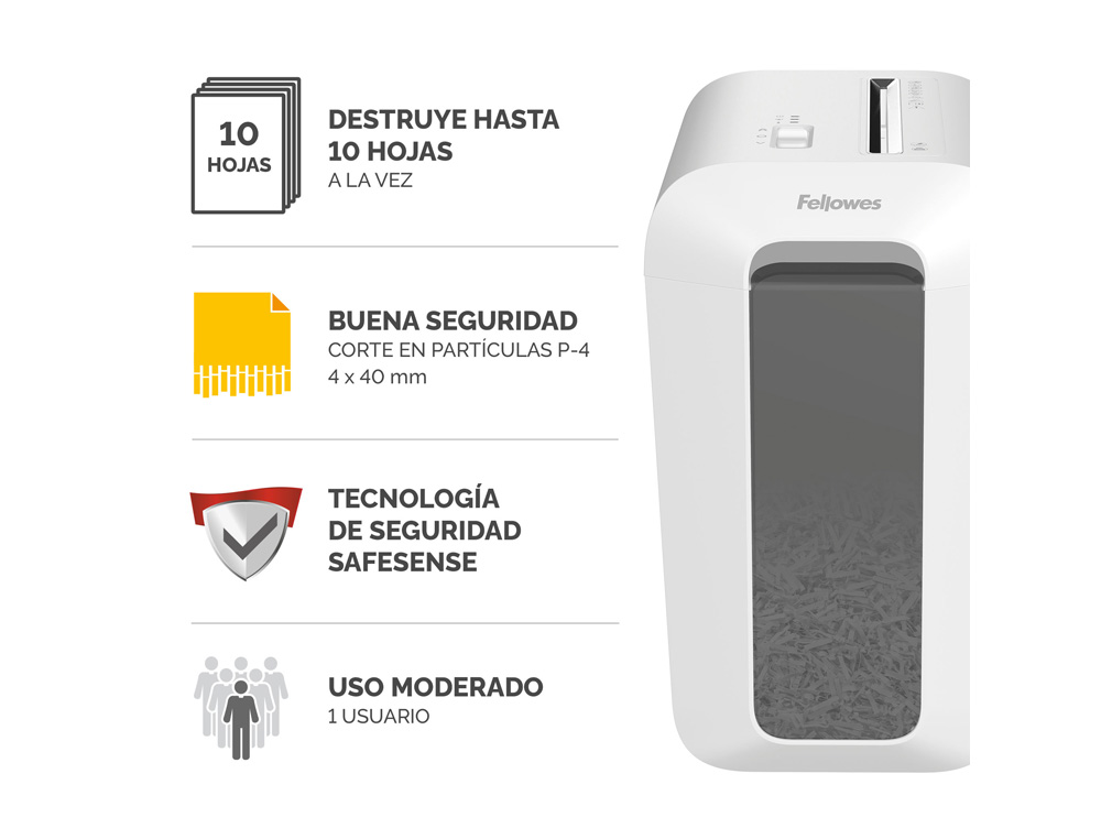 DESTRUCTORA DE DOCUMENTOS FELLOWES LX65 CAPACIDAD 10H SEGURIDAD P4 DESTRUYE GRAPAS CLIPS Y TARJETAS