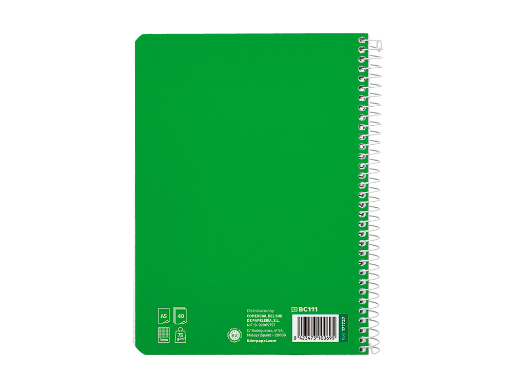 CUADERNO ESPIRAL LIDERPAPEL A5 PAUTAGUIA TAPA BLANDA 40H 75GR CUADRO PAUTADO 3MM COLOR VERDE