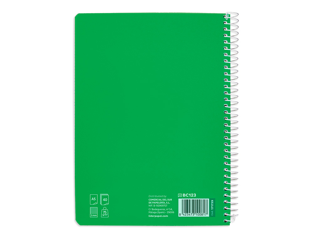 CUADERNO ESPIRAL LIDERPAPEL DIN A5 PAUTAGUIA TAPA BLANDA 40H 75GR CUADRO PAUTADO 5MM COLOR VERDE