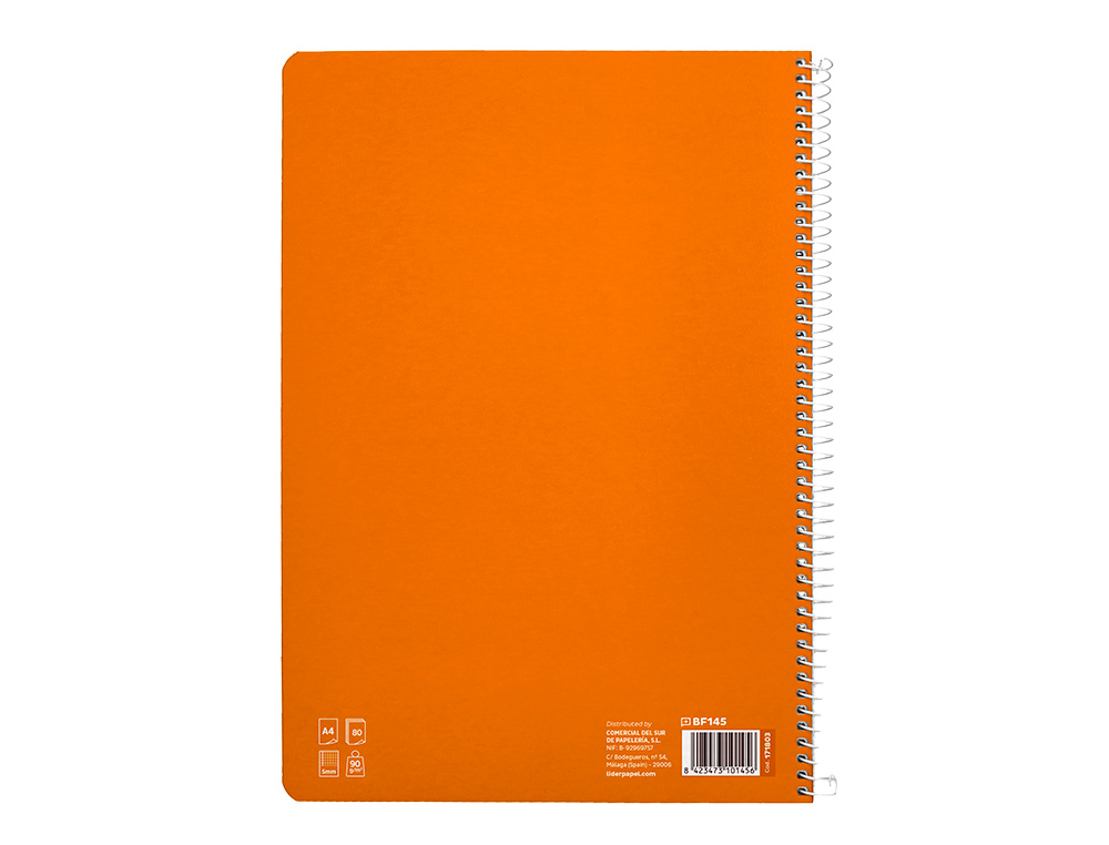 CUADERNO ESPIRAL LIDERPAPEL DIN A4 PAUTAGUIA TAPA DURA 80H 90 GR CUADRO PAUTADO 5MM COLOR NARANJA