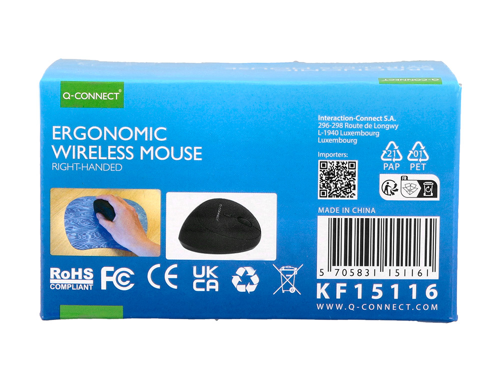 RATON Q-CONNECT OPTICO INALAMBRICO ERGONOMICO VERTICAL DPI 800/1200/1600 PILA AA NEGRO