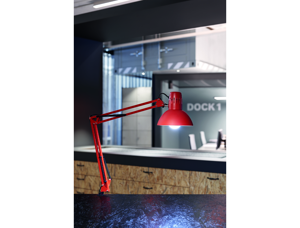LAMPARA DE ESCRITORIO MAUL METAL 57W DOBLE BRAZO CABEZAL ORIENTABLE PINZA ROJA