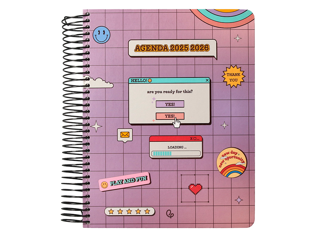 AGENDA ESCOLAR LIDERPAPEL 25-26 ESPIRAL PIXEL MORADO DIA PAGINA A5 BILINGE PAPEL FSC 80 GR