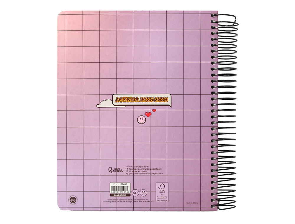 AGENDA ESCOLAR LIDERPAPEL 25-26 ESPIRAL PIXEL MORADO DIA PAGINA A5 BILINGE PAPEL FSC 80 GR