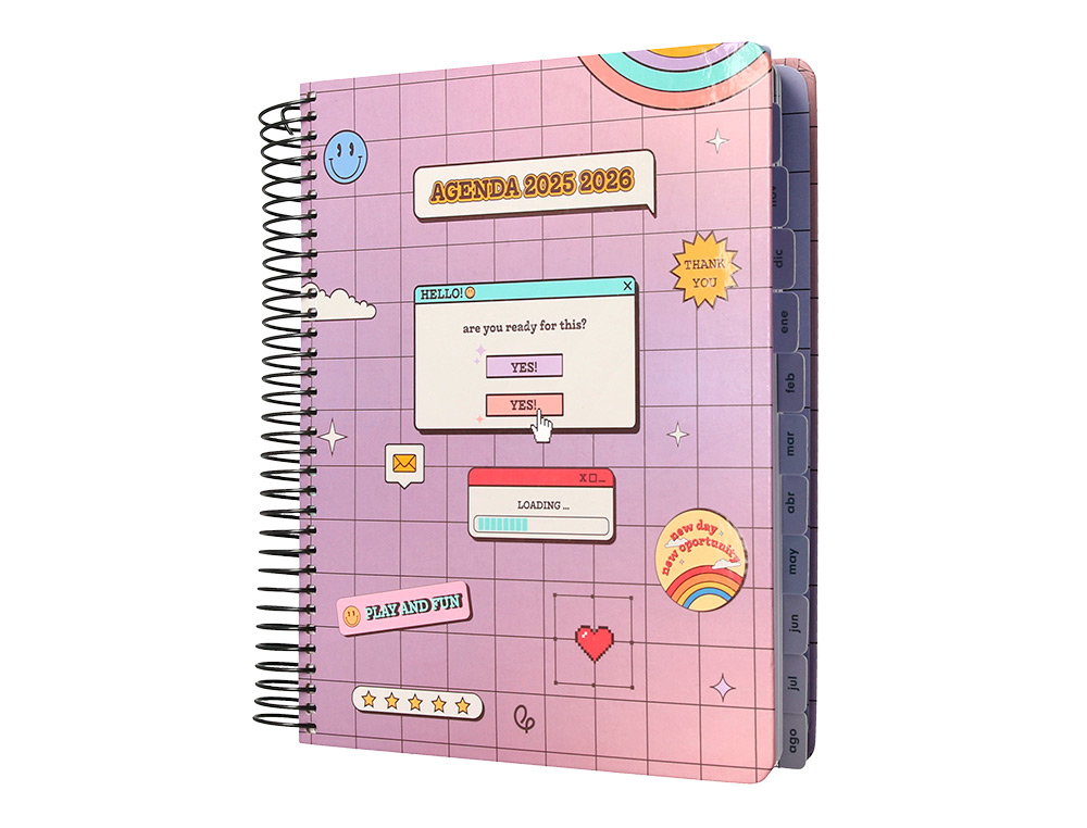 AGENDA ESCOLAR LIDERPAPEL 25-26 ESPIRAL PIXEL MORADO DIA PAGINA A5 BILINGE PAPEL FSC 80 GR