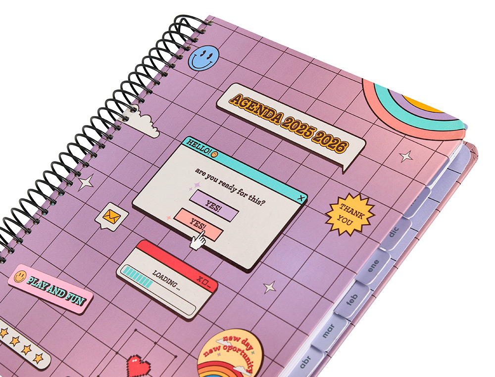 AGENDA ESCOLAR LIDERPAPEL 25-26 ESPIRAL PIXEL MORADO DIA PAGINA A5 BILINGE PAPEL FSC 80 GR