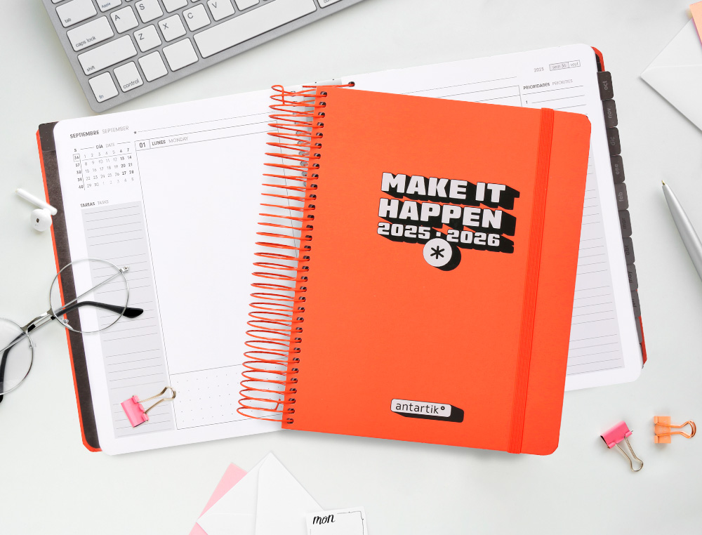 AGENDA ESCOLAR ANTARTIK 25-26 ESPIRAL NEON ROSA DIA PAGINA A5 BILINGE PAPEL FSC 80 GR