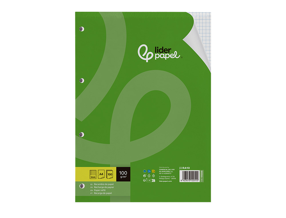 RECAMBIO LIDERPAPEL A4 100 HOJAS 100G/M2 CUADRO 5MM CON MARGEN 4 TALADROS