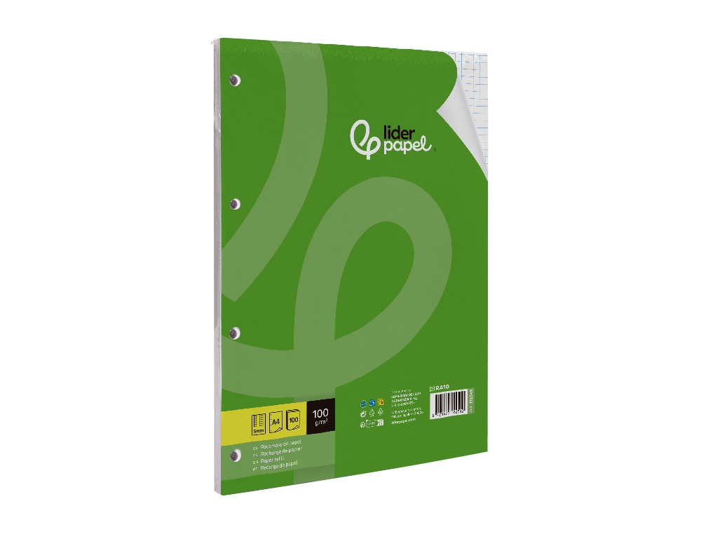 RECAMBIO LIDERPAPEL A4 100 HOJAS 100G/M2 CUADRO 5MM CON MARGEN 4 TALADROS