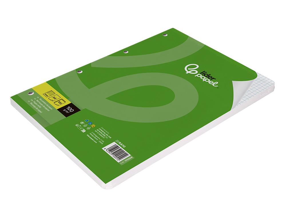 RECAMBIO LIDERPAPEL A4 100 HOJAS 100G/M2 CUADRO 5MM CON MARGEN 4 TALADROS