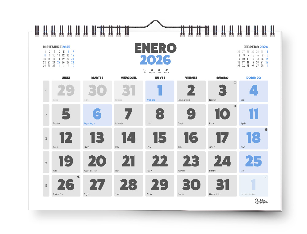 CALENDARIO ESPIRAL PARED LIDERPAPEL CLASICO 2026 NUMEROS GRANDES 44X32 CM PAPEL 128 GR