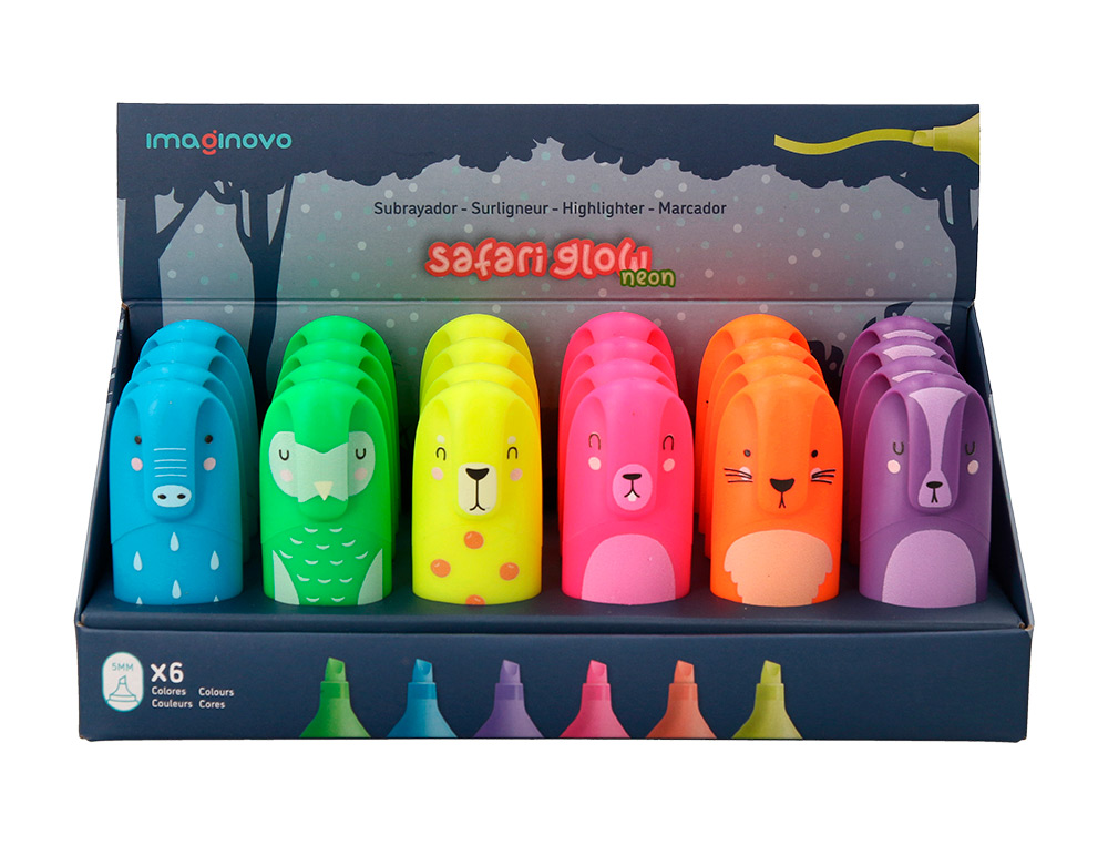 ROTULADOR IMAGINOVO FLUORESCENTE SAFARI GLOW NEON ANIMALES Y CLIP EXPOSITOR DE 24 UNIDADES SURTIDAS