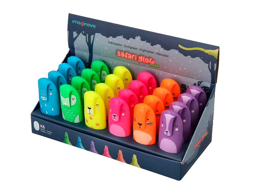 ROTULADOR IMAGINOVO FLUORESCENTE SAFARI GLOW NEON ANIMALES Y CLIP EXPOSITOR DE 24 UNIDADES SURTIDAS