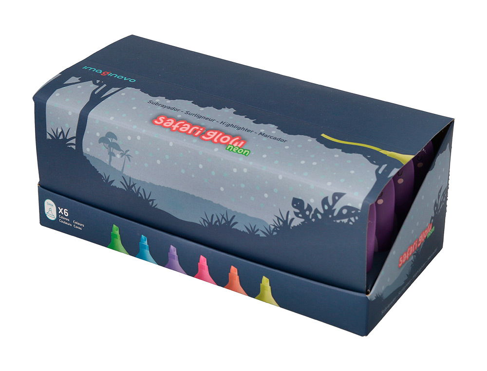 ROTULADOR IMAGINOVO FLUORESCENTE SAFARI GLOW NEON ANIMALES Y CLIP EXPOSITOR DE 24 UNIDADES SURTIDAS