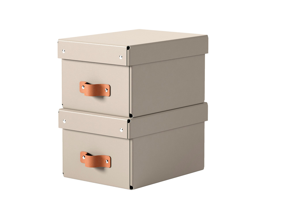 CAJA DE ALMACENAJE LEITZ CARTON PEQUEA CON ASA DE PIEL COLOR BEIGE PACK DE 2 UNIDADES